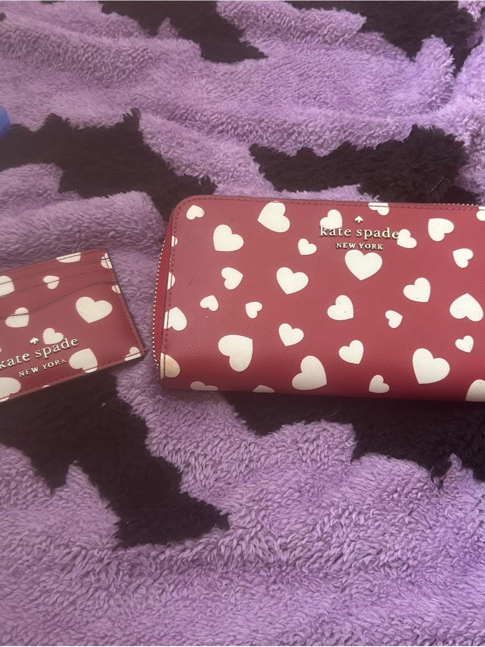 kate spade red wallet and card holder with white heart print